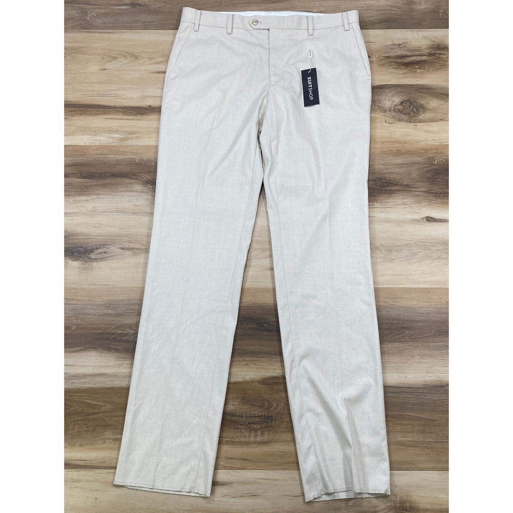 SuitShop Slim Fit Dress Pants 35R Tan Stretch Poly Viscose Trousers Regular